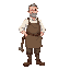 1880s new brunswick stonecutter parent, sturdy build, rolled-up sleeves, linen shirt, work apron, wool trousers, boots, short practical hair, calm expression, holding a small stone mallet relaxed at their side. touch of pastel color