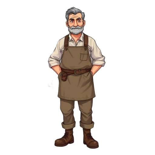 1880s new brunswick stonecutter parent, sturdy build, rolled-up sleeves, linen shirt, work apron, wool trousers, boots, short practical hair, calm expression, holding a small stone mallet relaxed at their side. touch of pastel color