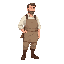 1880s new brunswick stonecutter parent, sturdy build, rolled-up sleeves, linen shirt, work apron, wool trousers, boots, short practical hair, calm expression, holding a small stone mallet relaxed at their side. touch of pastel color