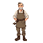 1880s new brunswick stonecutter parent, sturdy build, rolled-up sleeves, linen shirt, work apron, wool trousers, boots, short practical hair, calm expression, holding a small stone mallet relaxed at their side. touch of pastel color