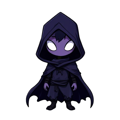 hooded figure in chibi style, bright white eyes, mysterious and somber, small and cartoonish body, flowing and tattered cloak, minimalist background, clean vector art style, highly stylized, cinematic lighting, striking outlines, vibrant contrast, fantasy