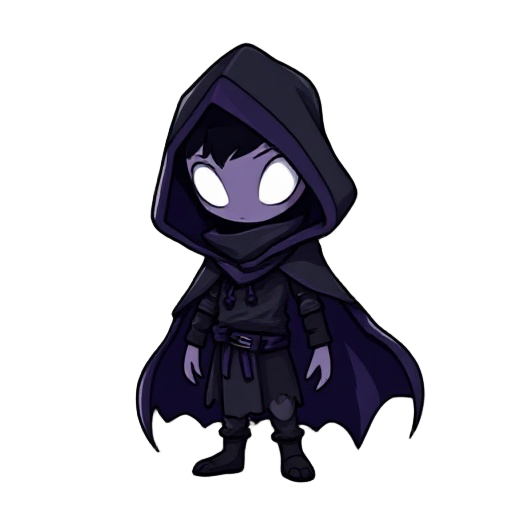 hooded figure in chibi style, bright white eyes, mysterious and somber, small and cartoonish body, flowing and tattered cloak, minimalist background, clean vector art style, highly stylized, cinematic lighting, striking outlines, vibrant contrast, fantasy