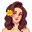 a young woman with soft brown hair styled in gentle waves, with bright yellow flowers in her hair, with a thoughtful, serene expression