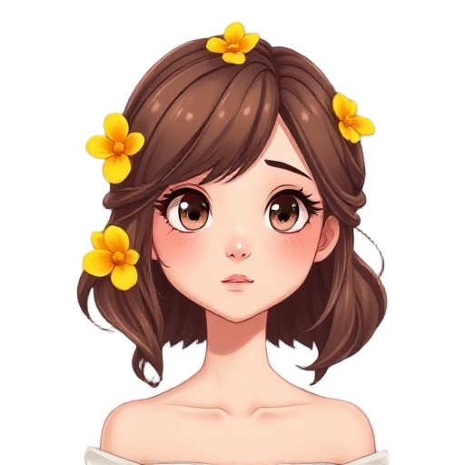 a young woman with soft brown hair styled in gentle waves, with bright yellow flowers in her hair, with a thoughtful, serene expression