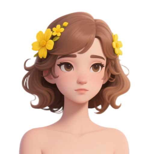 a young woman with soft brown hair styled in gentle waves, with bright yellow flowers in her hair, with a thoughtful, serene expression