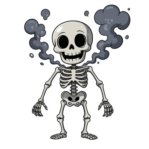 a smokey skeleton floating, grinning, black bones and gray smoke, a floating skull
