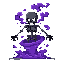 a torso and skull and arms of a black skeleton with purple smoke swirling around him below like a tornado