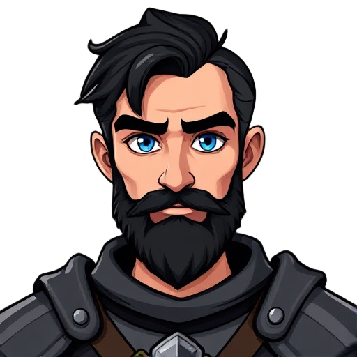 a french knight with raven black hair, blue eyes, and a beard, aged around forty.