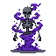 a torso and skull and arms of a black skeleton with purple smoke swirling around him below like a tornado
