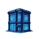 futuristic building, dark blue metalic structure with large window panels in a cyberpunk style