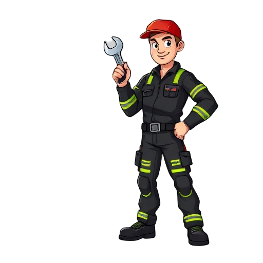mechanic wearing black work clothes with neon green stripes, standing pose, holding wrench in one hand, 2d game sprite, full body, neutral background