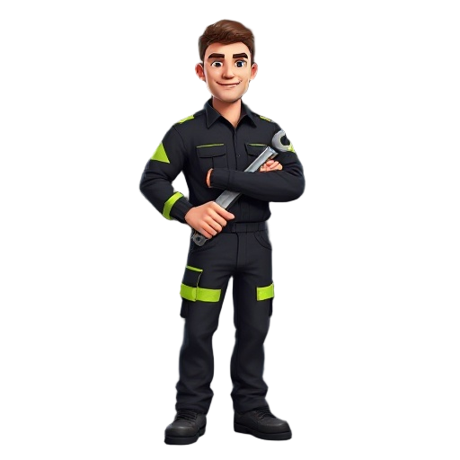 mechanic wearing black work clothes with neon green stripes, detailed 2d character, standing pose, holding a wrench, professional look, realistic proportions, game sprite style, dark background