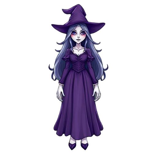 white witch woman having beautiful purple dress and long hair, scary face