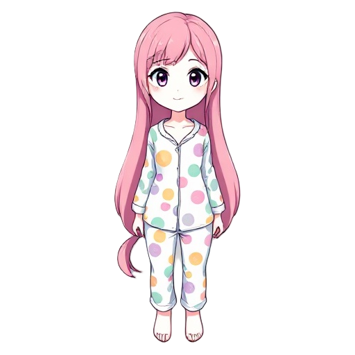 white woman having long pink hair and colorful pajama