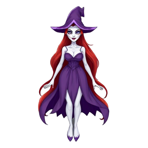white witch woman having beautiful purple dress and long red hair, scary face and eyes, big boobs