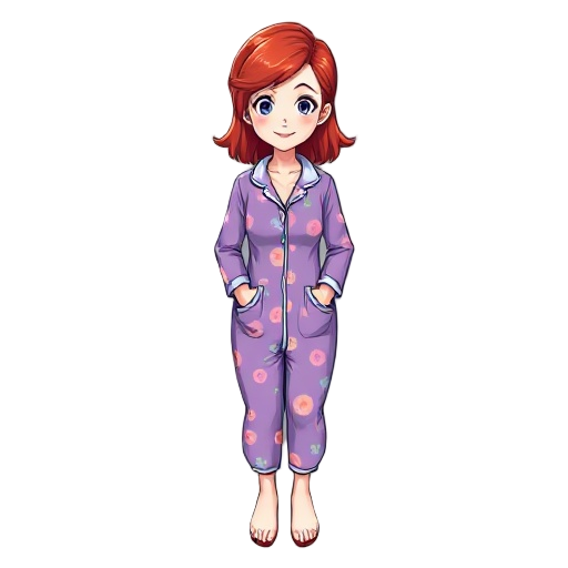 white woman having red hair and colorful night suit