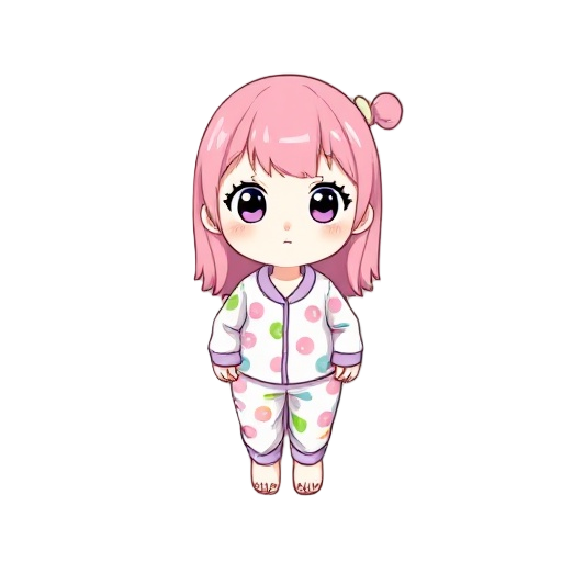 white cute girl having pink hair and colorful pajama