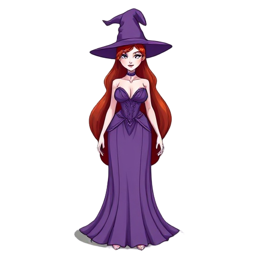 white witch woman having beautiful purple dress and long red hair, big boobs