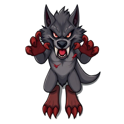 wolf monster, red paws and nails, long teeth, scary face, scar mark on body, red eyes