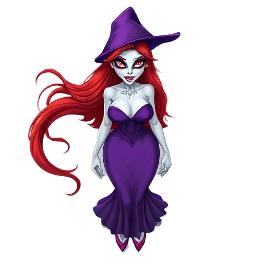 white witch woman having beautiful purple dress and long red hair, scary face and eyes, big boobs, cleavage