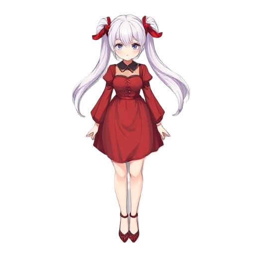 white woman having long white twin tails hair and red dress