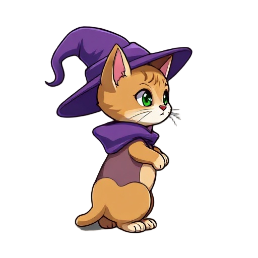 a sorcerer cat wearing a purple sorcerer's hat in anime style, shown from the side. looking toward right