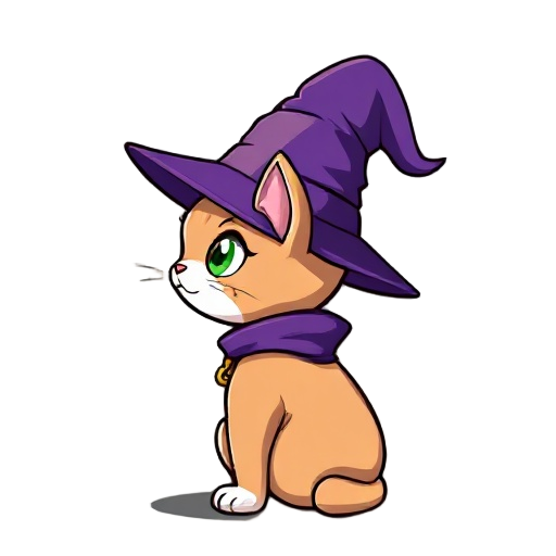 a sorcerer cat wearing a purple sorcerer's hat in anime style, shown from the side.