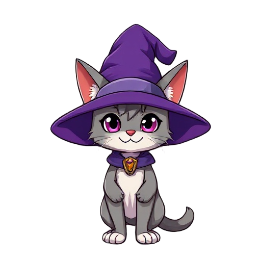 a sorcerer cat wearing a purple sorcerer's hat in anime style