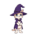 a sorcerer cat wearing a purple sorcerer's hat in anime style, shown from the side.
