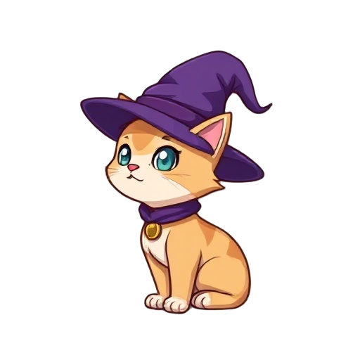 a sorcerer cat wearing a purple sorcerer's hat in anime style, shown from the side.
