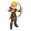 a full-body archer with yellow hair and brown leather clothing, attack position.