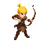 a full-body archer with yellow hair and brown leather clothing, attack position.