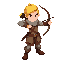 a full-body archer with yellow hair and brown leather clothing, attack position.