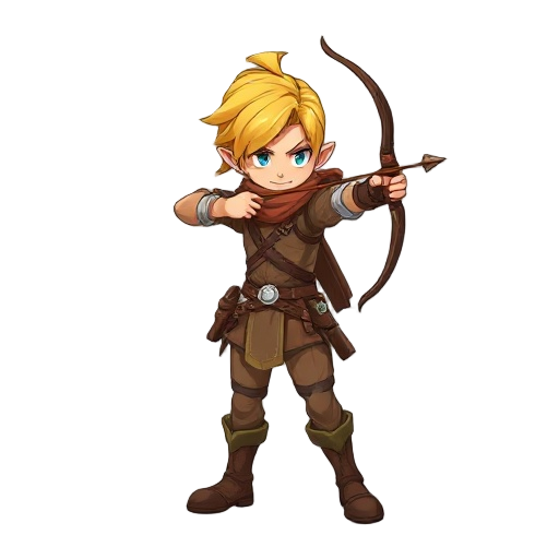a full-body archer with yellow hair and brown leather clothing, attack position.