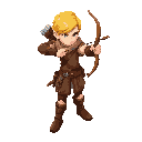 a full-body archer with yellow hair and brown leather clothing, attack position.