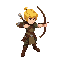 a full-body archer with yellow hair and brown leather clothing, attack position.