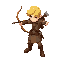 a full-body archer with yellow hair and brown leather clothing, attack position.