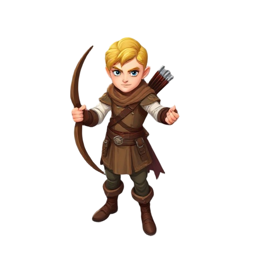 a full-body archer with yellow hair and brown leather clothing.