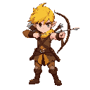 a full-body archer with yellow hair and brown leather clothing, attack position.