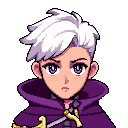 a young mage with striking white hair and vivid violet eyes radiates power and determination. dressed in a regal purple cloak with gold accents, he stands confident and focused, surrounded by a glowing aura of energy that highlights his fierce, resolute e