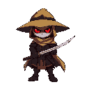 wears a straw hat and tattered cloak, glowing red eyes under shadow, holding a katana. dark armor with red accents, ominous atmosphere,