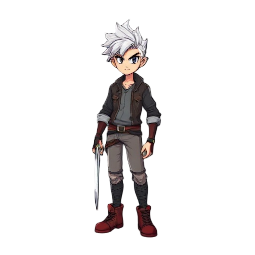 crie um personagem estilo dante do  cabelo branco , espada , camisa regata cinza e calça preta e bota preta