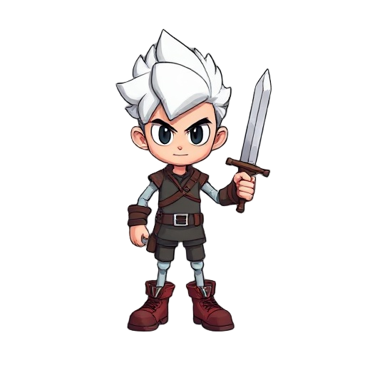 crie um personagem com cabelos brancos médio, calça preta, botas pretas e uma espada na mão direita