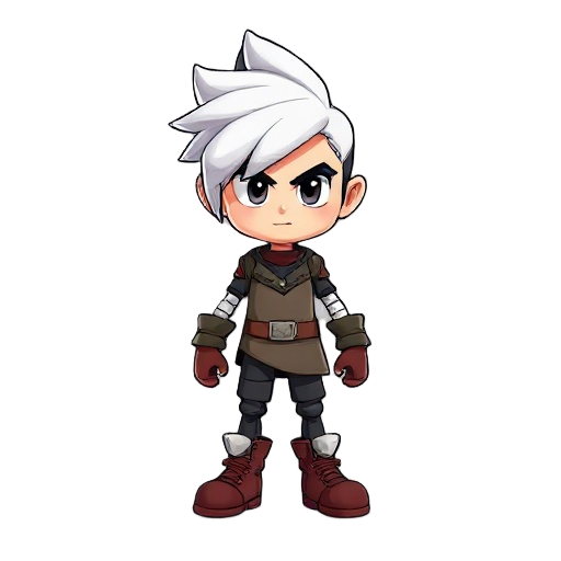 crie um personagem com cabelos brancos médio, calça preta, botas pretas e uma espada na mão direita