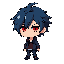 messy hair with color navy blue and with red eyes