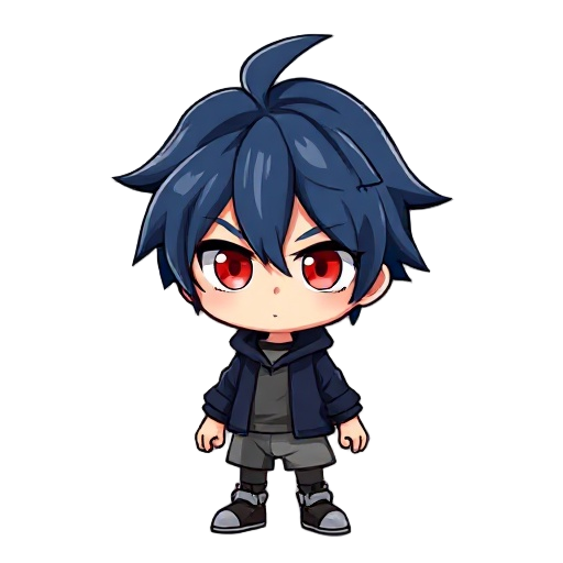 messy hair with color navy blue and with red eyes