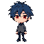 messy hair with color navy blue and with red eyes