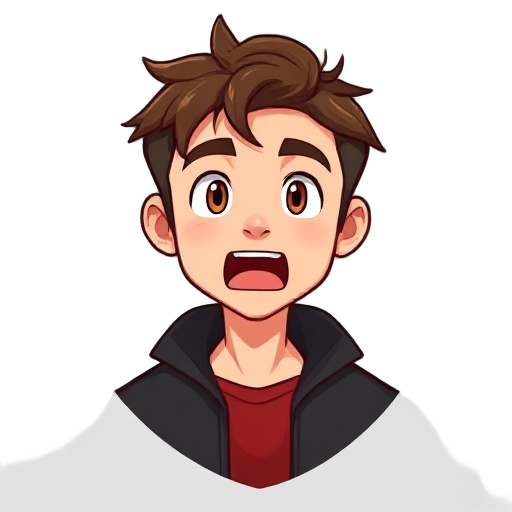 man, brown short hair, slightly messy hair, black jacket, red shirt, open mouth