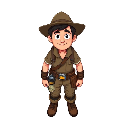 an explorer adventurer with a lantern in his belt. the lantern have a blacklight filter 