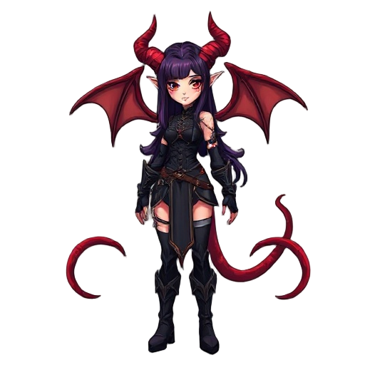 female half-demon warrior with red horns, long dark purple hair, dark outfit with boots, and red demonic tentacles ending in monster heads behind her gothic fantasy rpg tone.